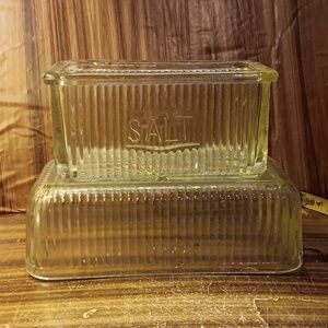 2 vintage mcm Hoosier glass salt boxes